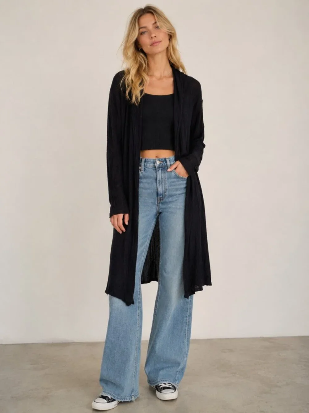 2/$30 See You Monday Ribbed Longline Hooded Cardigan Duster Black Large #A3141